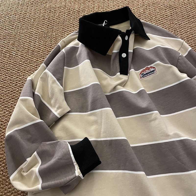 Striped POLO Shirt Men Women Casual Loose Couple BF Lapel Sweatshirts - MERGE.DAY.1.FREESTYLE