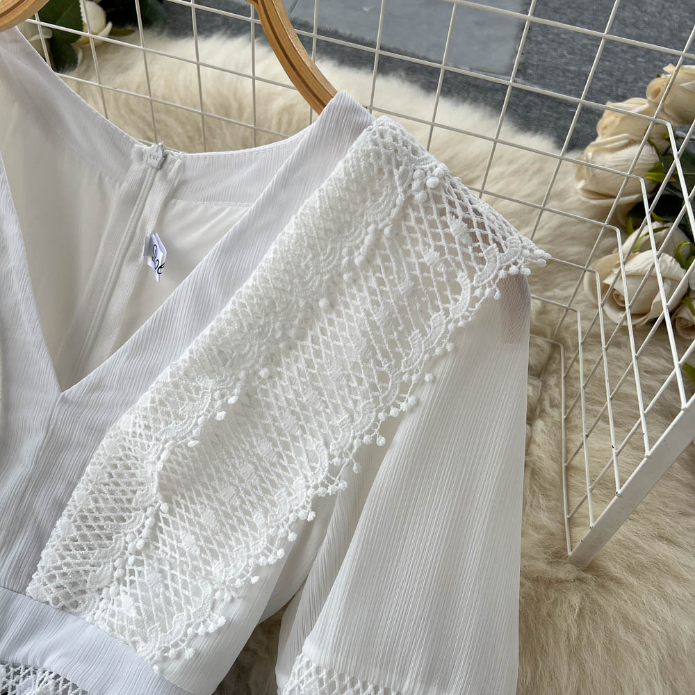 Lace Hollow Out White Dress Women Elegant V-neck Beach Holiday Style Dress - MERGE.DAY.1.FREESTYLE