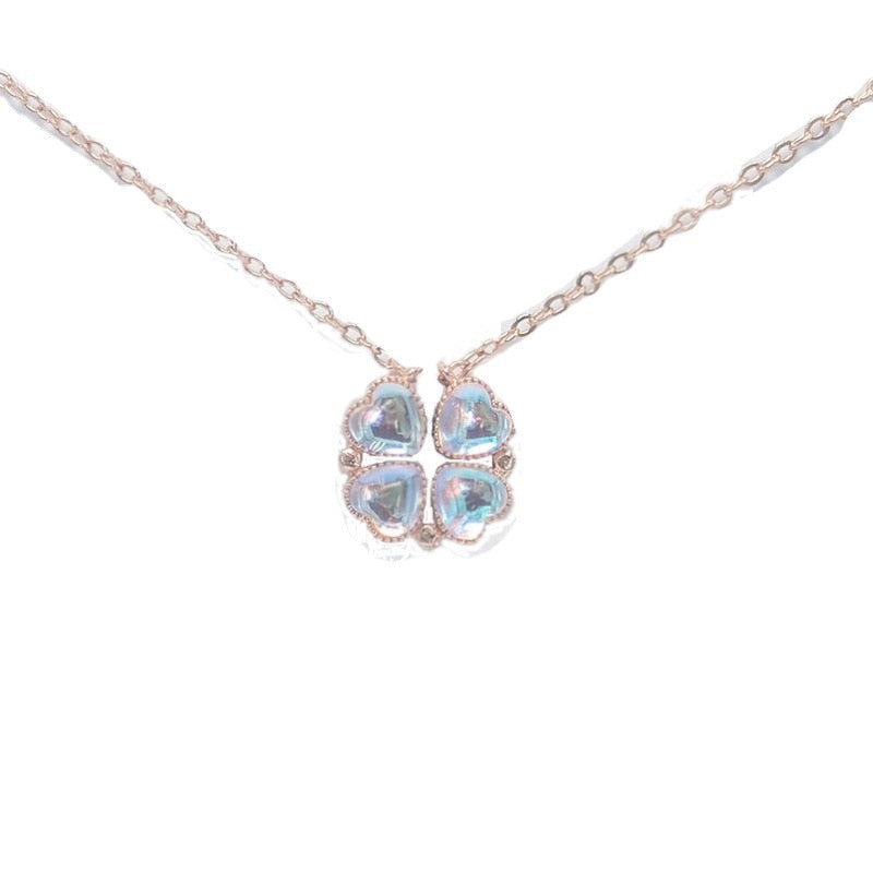 Love Heart Shaped Double Side Moonstone Magnetic Four Leaf Clover Good Pendant Necklace - MERGE.DAY.1.FREESTYLE