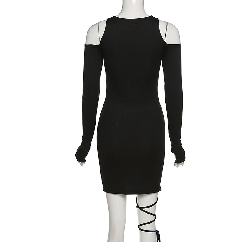 Hollow Out Long Sleeve Bandage Wrap Dress Women Off Shoulder Bodycon Mini Nightclub Dresses - MERGE.DAY.1.FREESTYLE