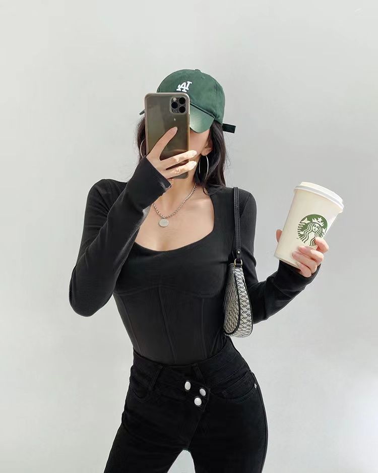 High Waist Cropped Tops Women Fashion Square Neck Long Sleeve T-Shirt Slim Basic Y2K Tees - MERGE.DAY.1.FREESTYLE