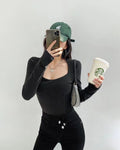 High Waist Cropped Tops Women Fashion Square Neck Long Sleeve T-Shirt Slim Basic Y2K Tees - MERGE.DAY.1.FREESTYLE