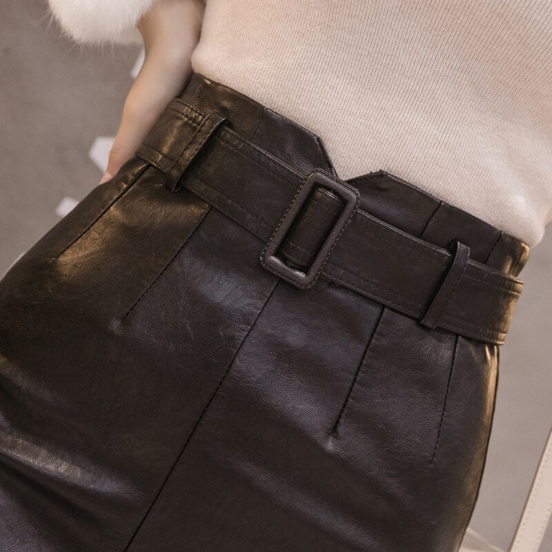 PU Leather Pencil Midi Skirts with Belt High Waist Split OL Elegant Sheath Wrap Skirts - MERGE.DAY.1.FREESTYLE