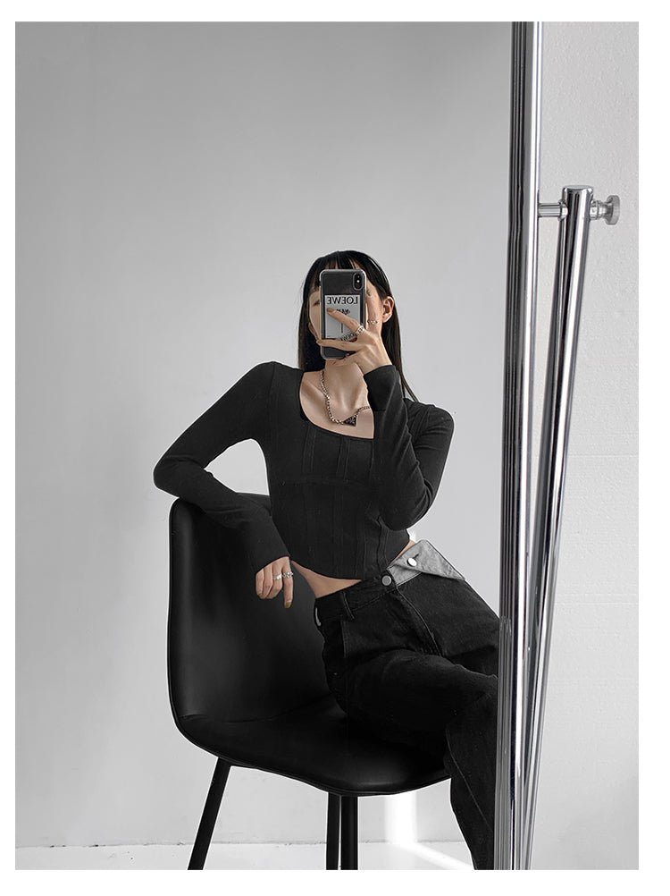 Fishbone Pattern Women's Long Sleeve T-shirt High Waist Slim Square Collar Tops Woman - MERGE.DAY.1.FREESTYLE