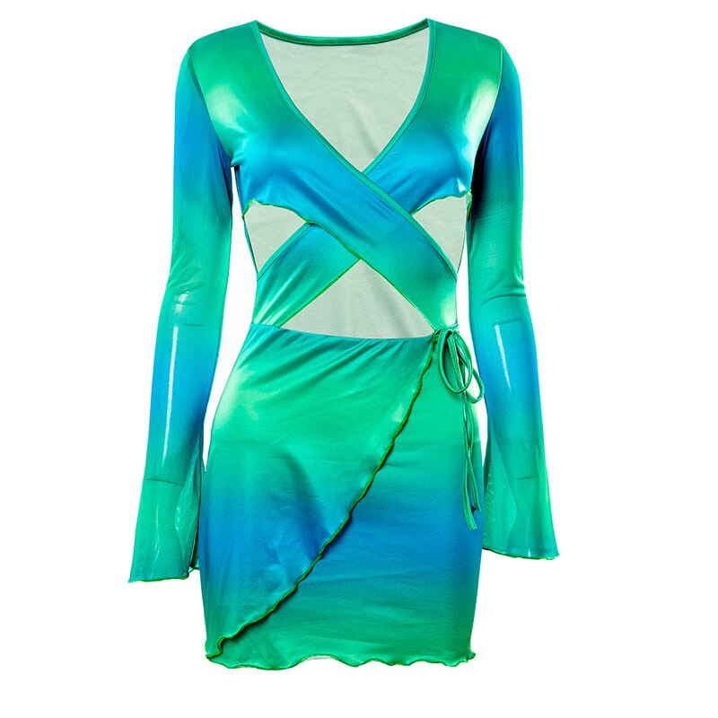 Sexy Tie Dye Bodycon Mini Dress Women Hollow Out Long Sleeve Mesh Skinny Summer 2022 - MERGE.DAY.1.FREESTYLE