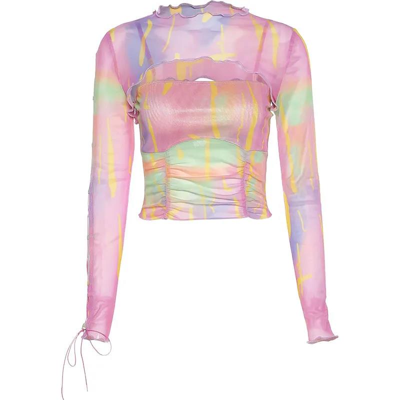 Hollow Bandage T-Shirt Women Sweet Suits Color Pattern Mesh Camisole + Long Sleeve Smock Female - MERGE.DAY.1.FREESTYLE