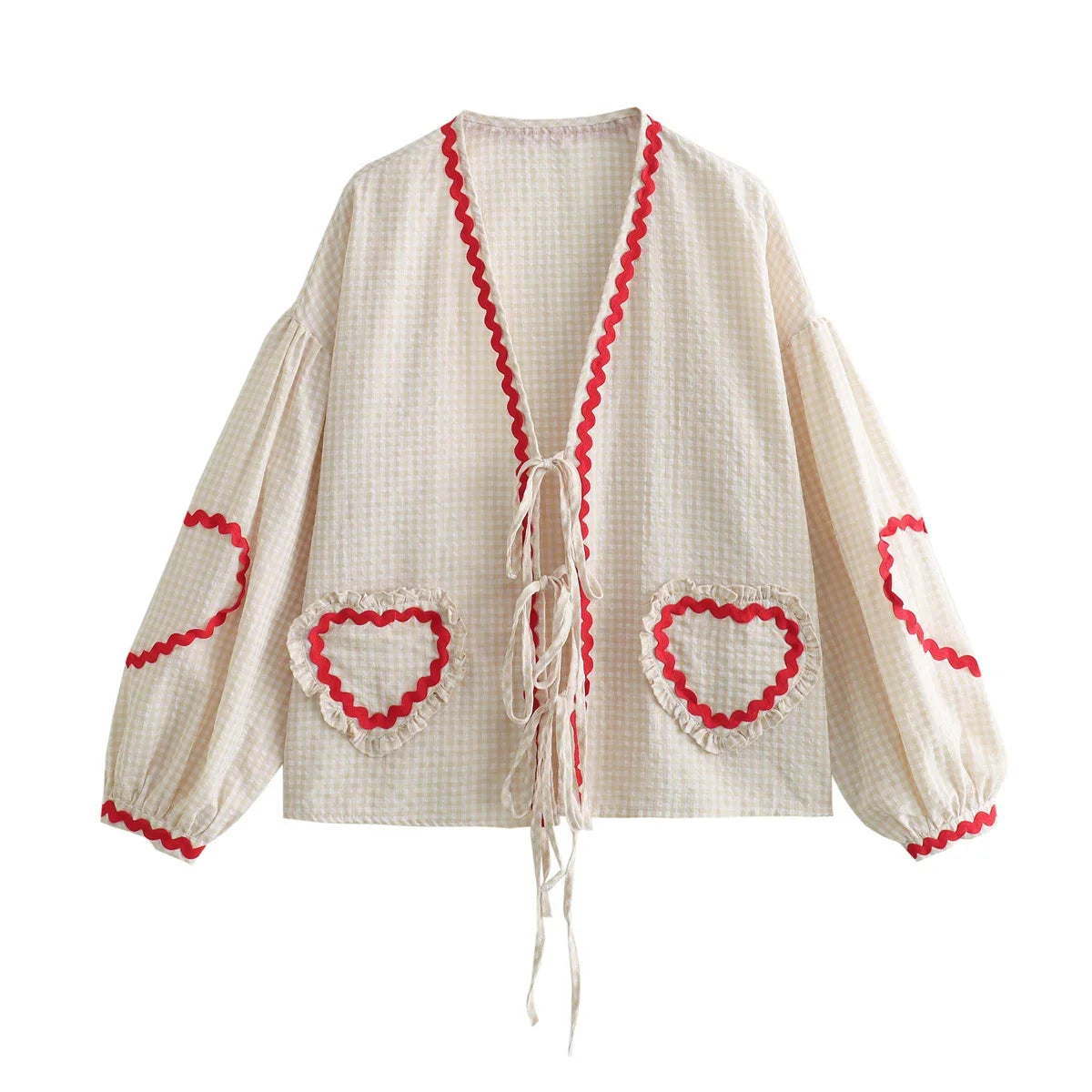 Heart Pockets Ladies V Neck Bow Buttons Blouses - MERGE.DAY.1.FREESTYLE