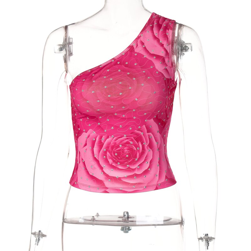 Diamond Print One Shoulder Sleeveless Crop Top Sexy Skinny Streetwear - MERGE.DAY.1.FREESTYLE