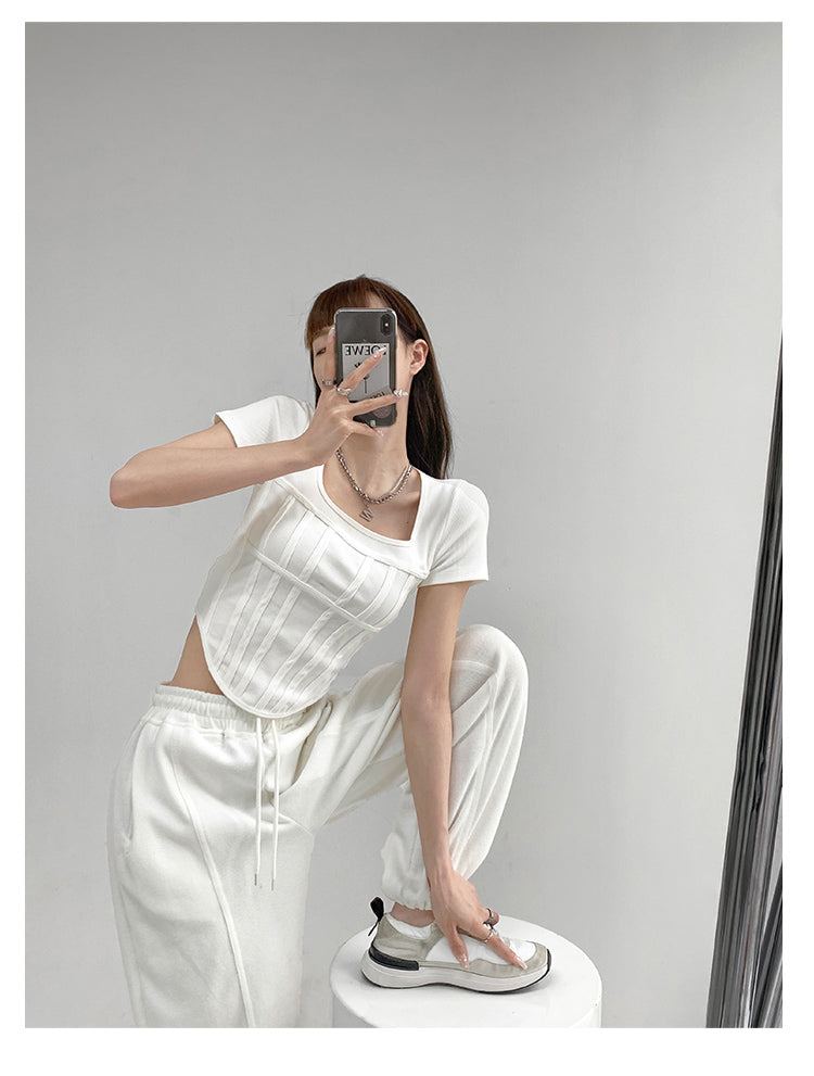 Summer Bright Line White T-shirt Women Slim Square Neck Short Sleeve Cropped Tops Female - MERGE.DAY.1.FREESTYLE