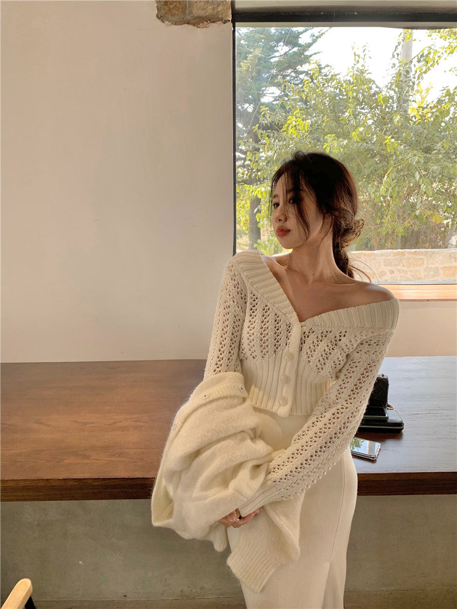 Women Hollow Sweater Cardigan Outerwear V Neck Button Knitted Tops Jackets - MERGE.DAY.1.FREESTYLE