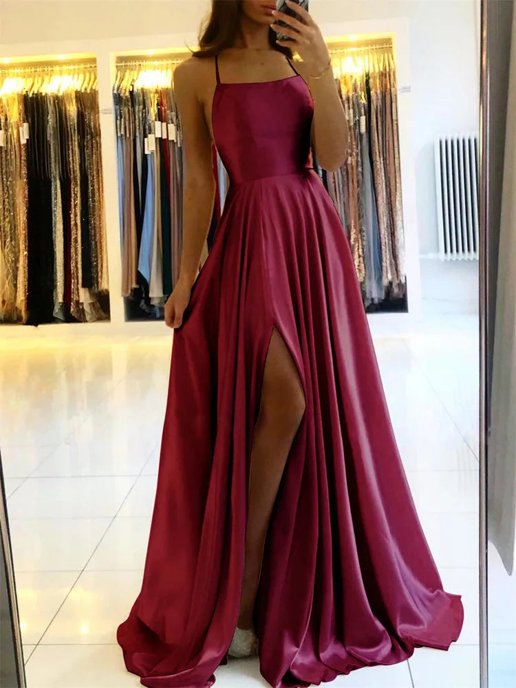 Burgundy Satin Beach Side Slit Adjustable Straps Evening Prom Dress - MERGE.DAY.1.FREESTYLE