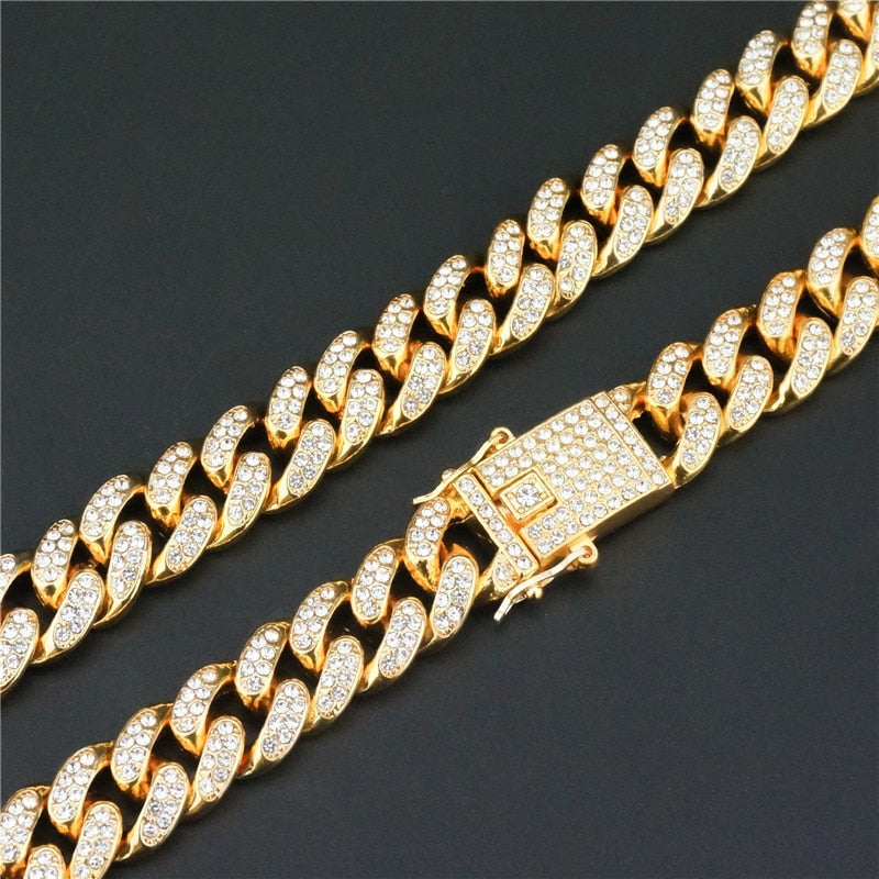 13MM AAA Rhinestone Iced Out Miami Cuban Link Chain Hip Hop Necklace - MERGE.DAY.1.FREESTYLE