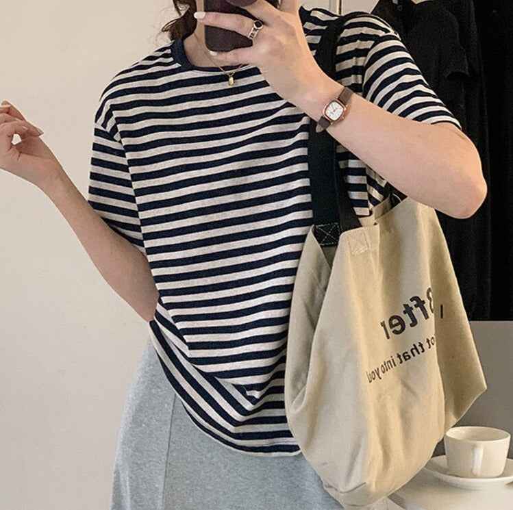 Casual O-neck Women Striped T-shirts Spring Summer Short Sleeve Loose Female Tops - MERGE.DAY.1.FREESTYLE