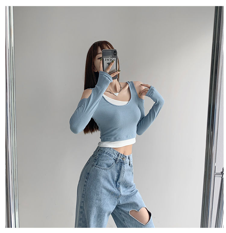 Patchwork Women's T-shirt Fake Two-piece Slim Long Sleeve Y2K Crop Tops Woman - MERGE.DAY.1.FREESTYLE