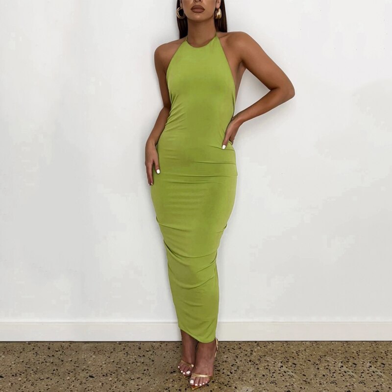 Halter Bandage Sleeveless Backless Shirring Draped Maxi Dress Sexy Streetwear - MERGE.DAY.1.FREESTYLE