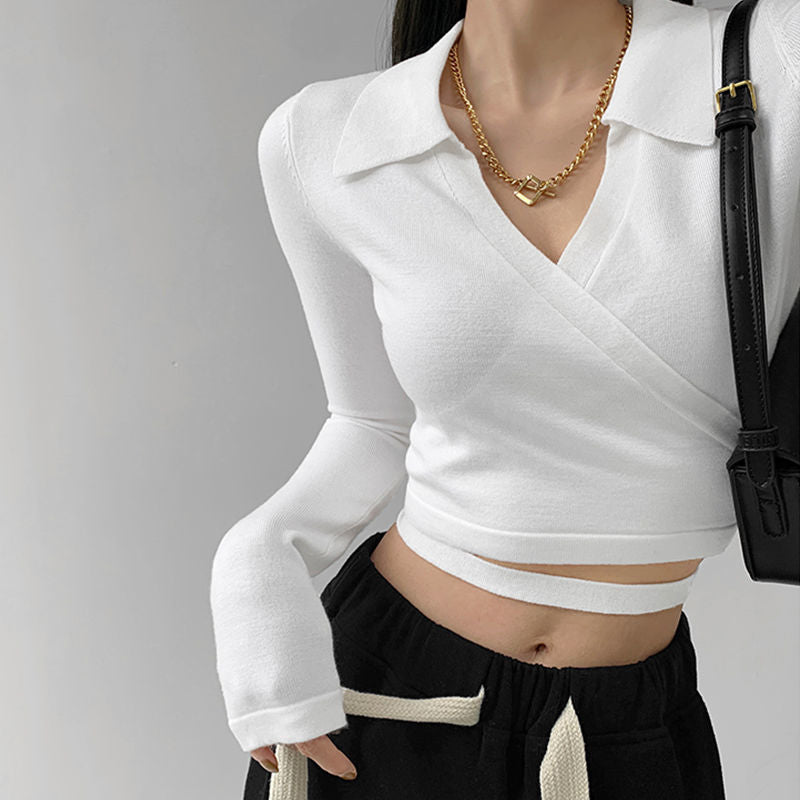 Waist Cross Bandage Polo Shirt Women Y2K Tops Fashion Fitness V-neck T-shirts Woman - MERGE.DAY.1.FREESTYLE
