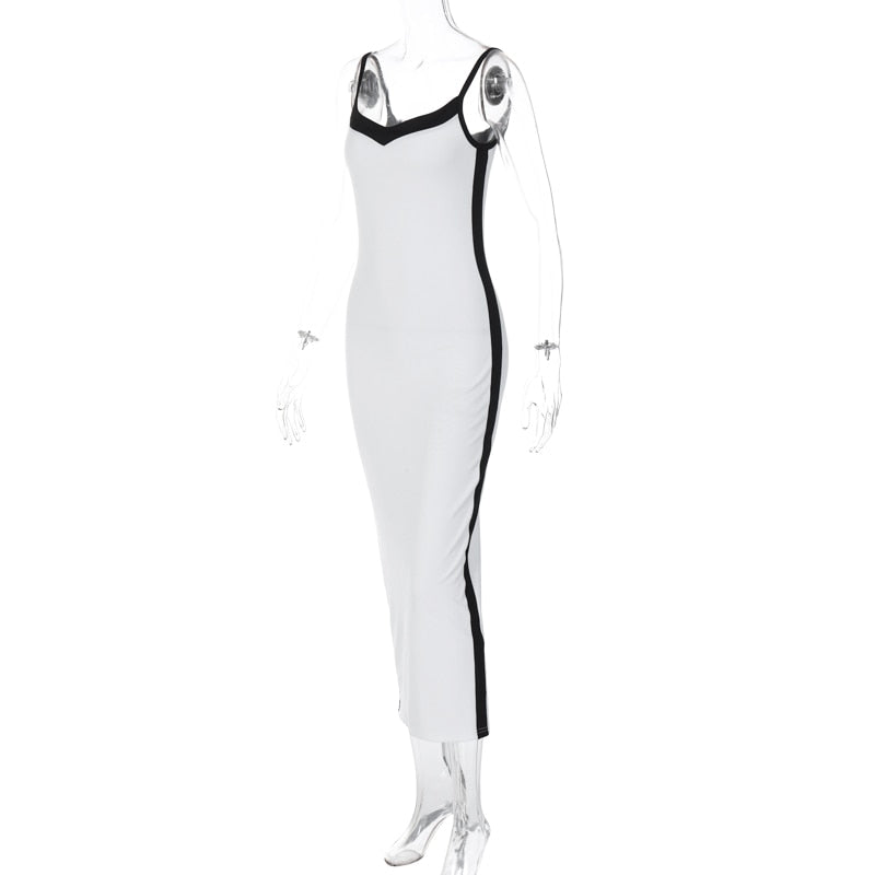 Color Bloack V Neck Sleeveless Slip Slit Sexy Bodycon Maxi Dress Y2K Outfit - MERGE.DAY.1.FREESTYLE