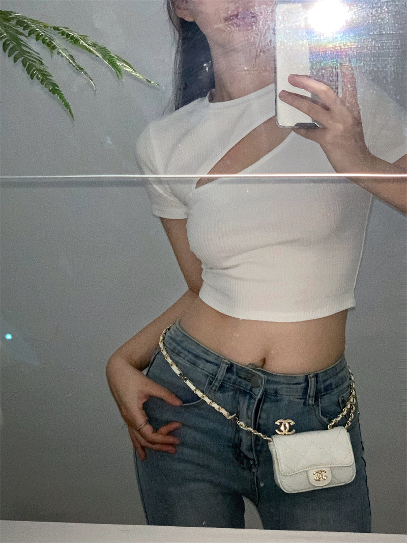 T Shirt Women Summer Hollow Crewneck Cropped Tops Irregular Tight Fitting Short Sleeve - MERGE.DAY.1.FREESTYLE