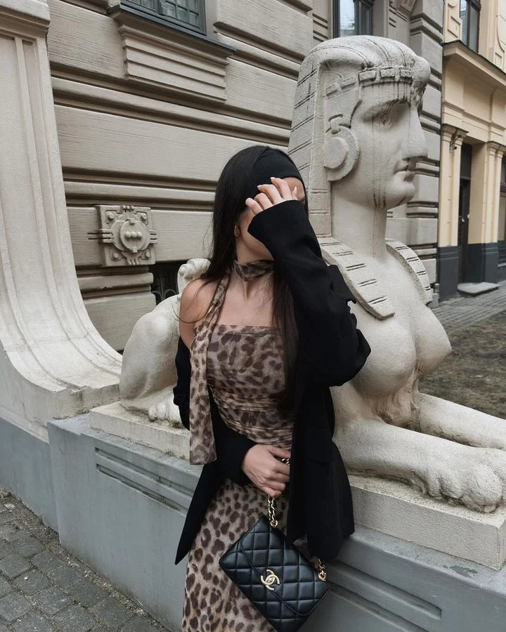 Leopard Print Wrapped Suit Backless Sleeveless Tops Skirts - MERGE.DAY.1.FREESTYLE