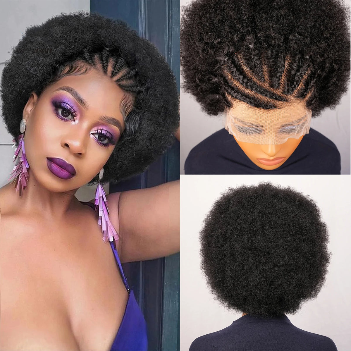 13x4 Short Afro Kinky Curly Bob Lace Front Braided Wigs for Black Women Curly Afro Puff Lace Frontal Wig Human Hair Brazilian - MERGE.DAY.1.FREESTYLE