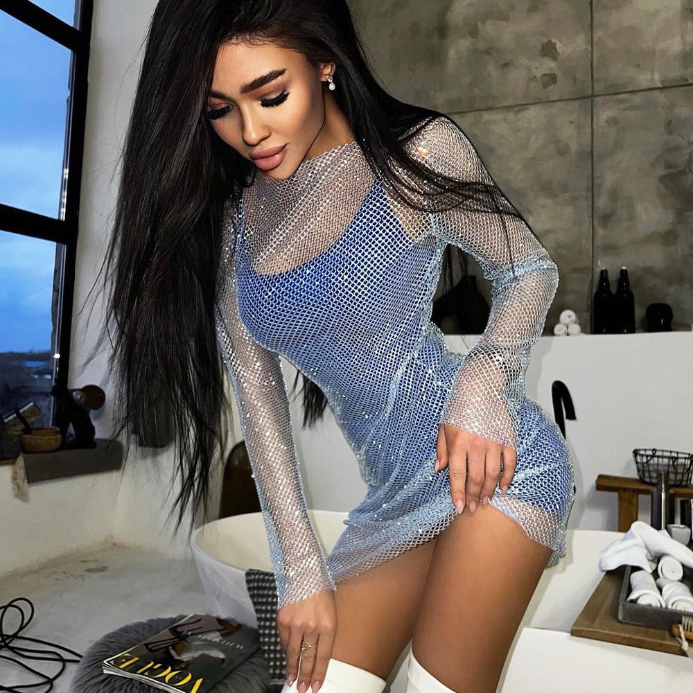 2022 Summer Sexy Girls See Through Mesh Night Club Warp Dress Long Sleeve Mini Bodycon - MERGE.DAY.1.FREESTYLE