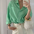 Spring Autumn Striped Blouses Long Sleeve Single-breasted Pocket Women Shirts Tops - MERGE.DAY.1.FREESTYLE