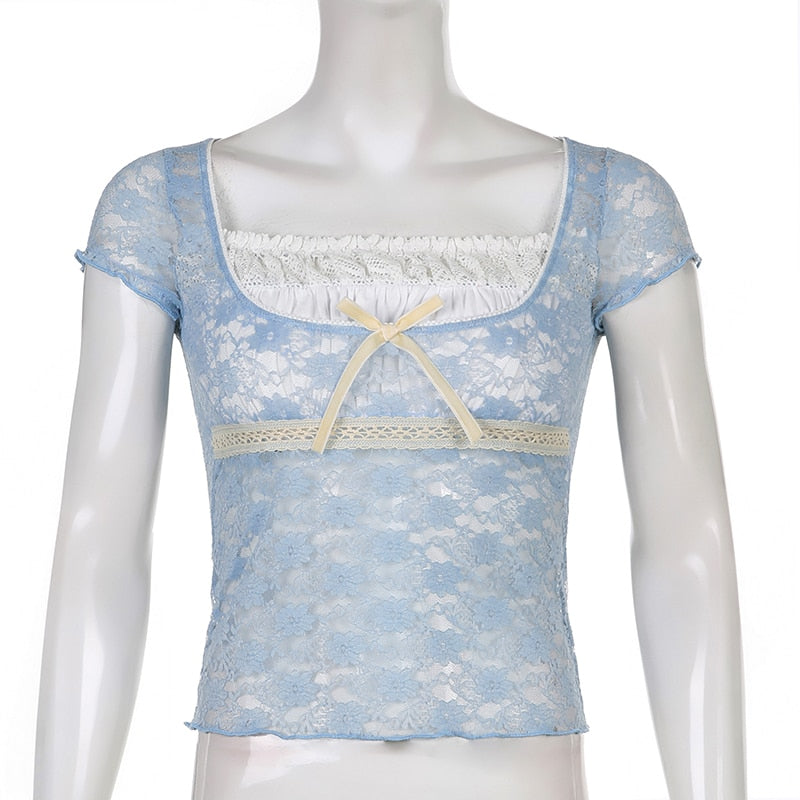 Trim Crop Top Bow Cute Sweet T Shirt Women Retro Short Sleeve Lace Patched Tshirt - MERGE.DAY.1.FREESTYLE