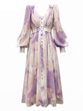 Printed Dress V-neck Long Sleeve Single-breasted Women A-line Dress vestidos - MERGE.DAY.1.FREESTYLE