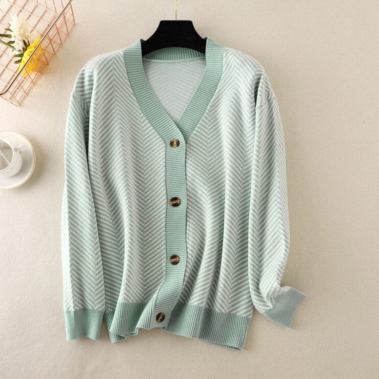 V-neck Striped Cardigans Sweaters Long Sleeve Loose Knitted Open Stitch Outwear - MERGE.DAY.1.FREESTYLE