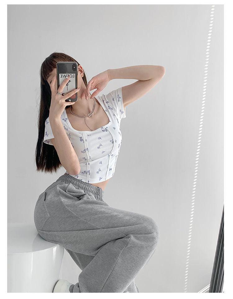 Summer Floral Cropped Top Women Slim Square Neck Short Sleeve White T-shirts Female - MERGE.DAY.1.FREESTYLE