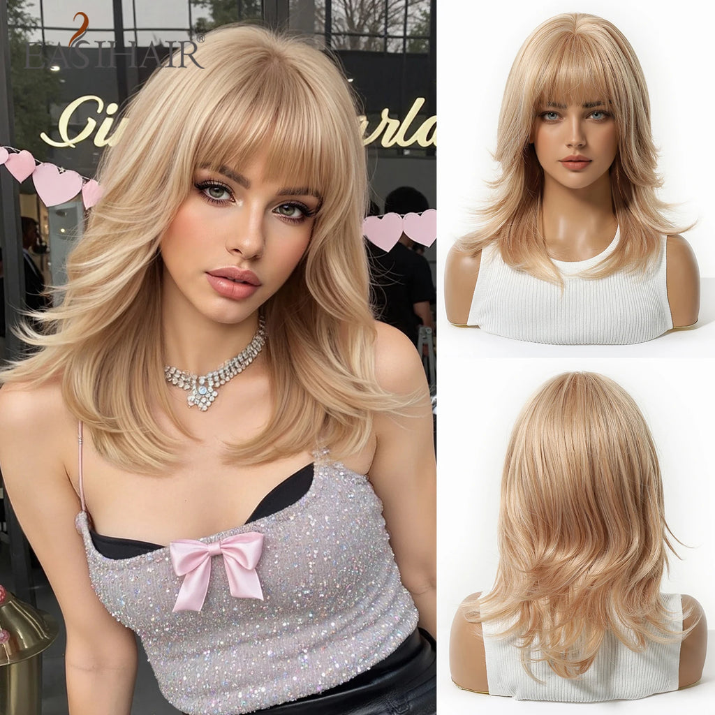 EASIHAIR Medium Length Wavy Blonde Synthetic Wig With Bangs For Women Natural Wigs Hair Heat Resistant Daily Party Cosplay Use - MERGE.DAY.1.FREESTYLE