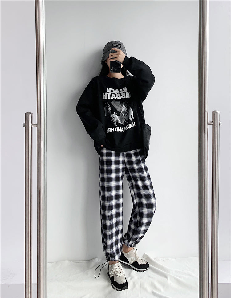 Plaid Pants Women High Waist Drawstring Loose Straight Baggy Pants 2022 Spring and Summer - MERGE.DAY.1.FREESTYLE