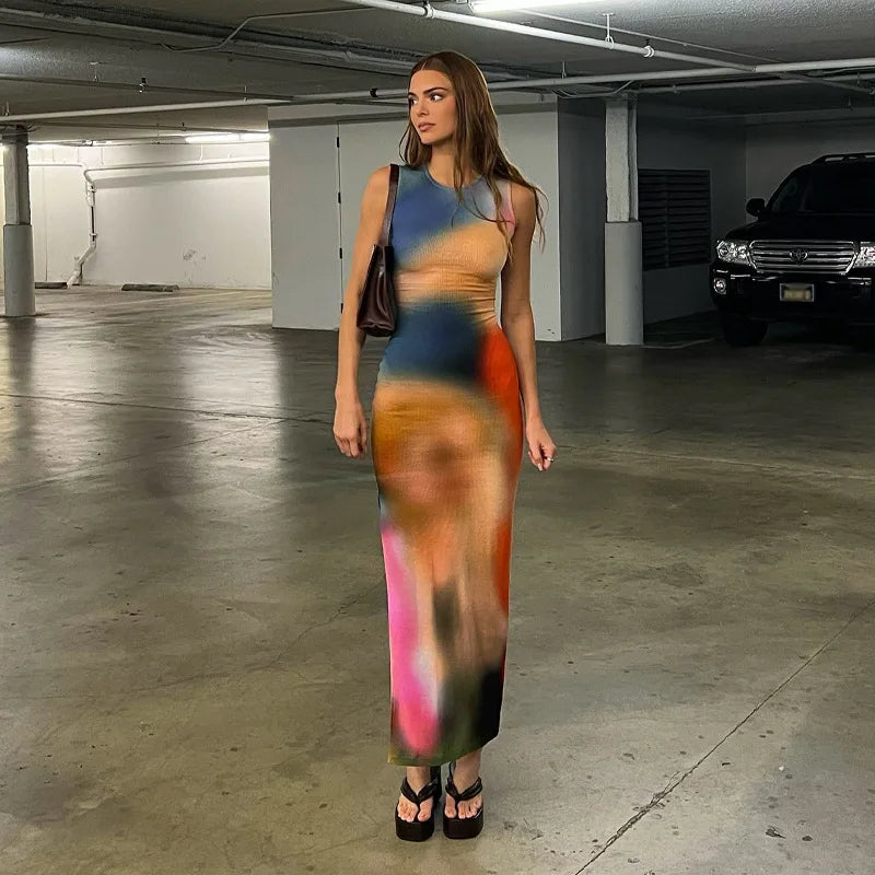 Tie Dye Print Ribbed Midi Dress Bodycon Side Slit Y2K - MERGE.DAY.1.FREESTYLE