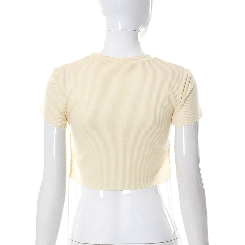 Sexy O Neck Split Ribbons Cropped T-Shirts Women Ribbed Knit Short Sleeve Slim Tshirts 2022 Summer - MERGE.DAY.1.FREESTYLE