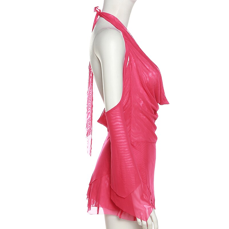 Halter Long Sleeves Irregular Draped Mini Dress - MERGE.DAY.1.FREESTYLE