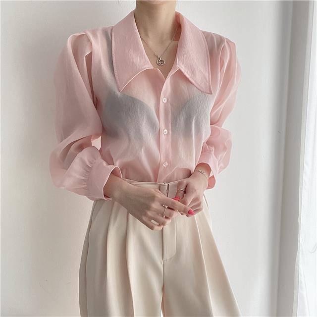 See Through Button Down Shirts Women New Loose Long Sleeve Blouse Female 2022 Summer Suncreen Tops - MERGE.DAY.1.FREESTYLE