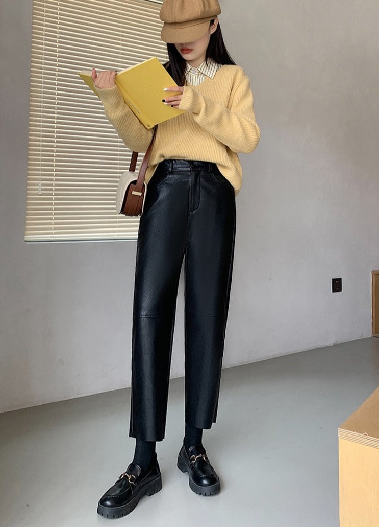 Spring Autumn PU Leather Pants Women High Waist Pockets Faux Leather Harem Pants - MERGE.DAY.1.FREESTYLE