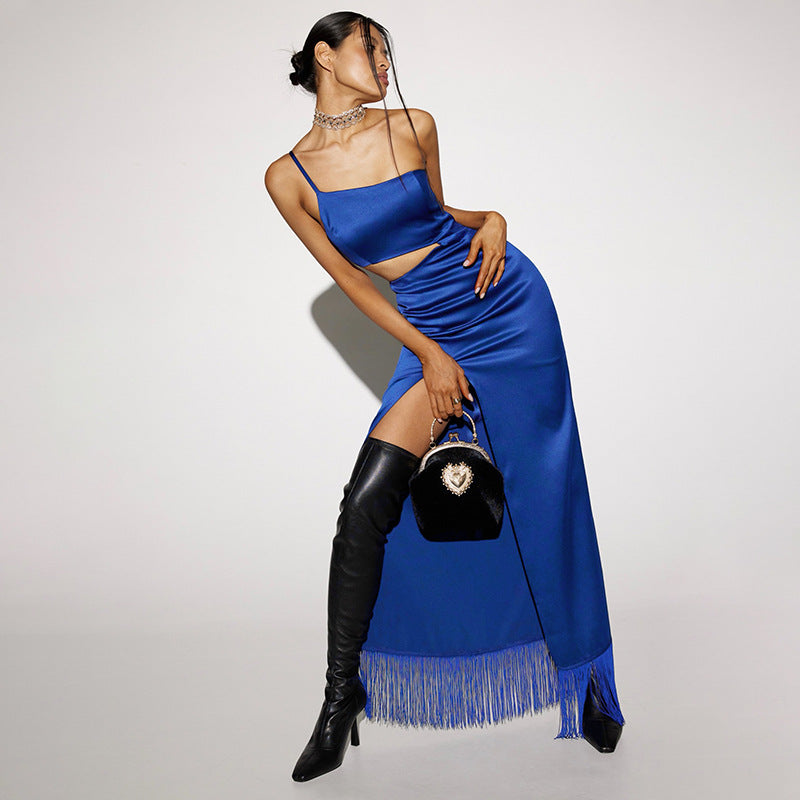 Elegant Women Diagonal Tassels Long Slip Party Dresses Sexy Off Shoulder Hollow Out Dress - MERGE.DAY.1.FREESTYLE