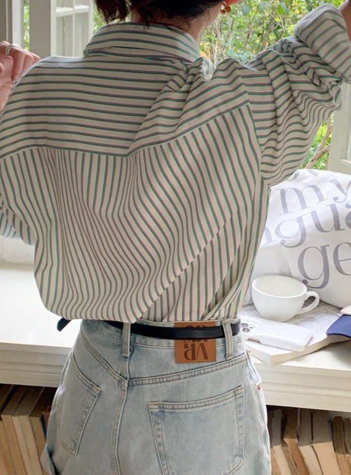 Spring Autumn Striped Blouses Long Sleeve Single-breasted Pocket Women Shirts Tops - MERGE.DAY.1.FREESTYLE