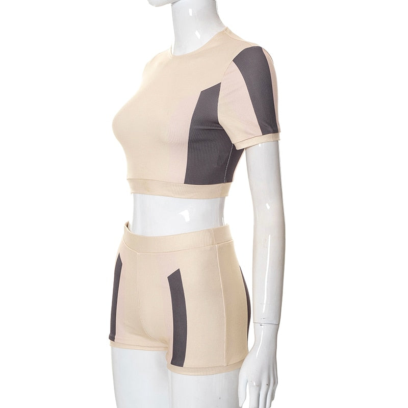 O Neck Short Sleeves Patchwork Crop T Shirt Shorts 2 Pieces Set - MERGE.DAY.1.FREESTYLE