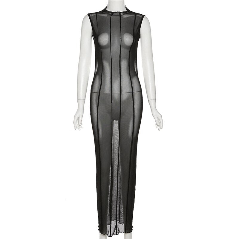 Mesh O Neck Long Sleeves Backless Lace Up See Through Sexy Bodycon Maxi Dress - MERGE.DAY.1.FREESTYLE