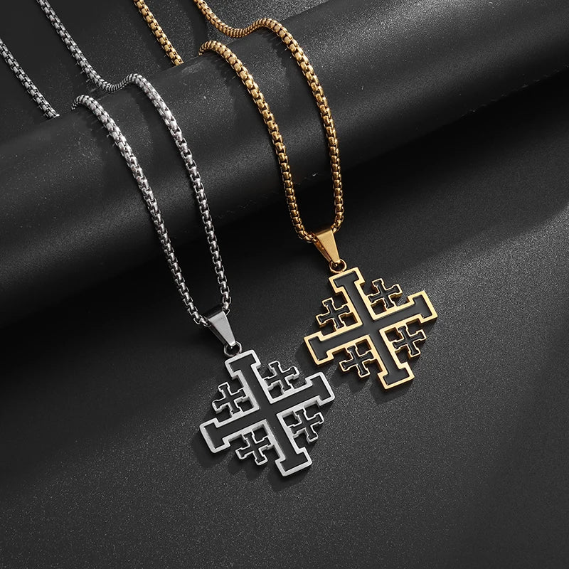 Jerusalem Stainless Steel Cross Necklace Templar Pendant for Men Vintage Christian Statement Jewelry - MERGE.DAY.1.FREESTYLE