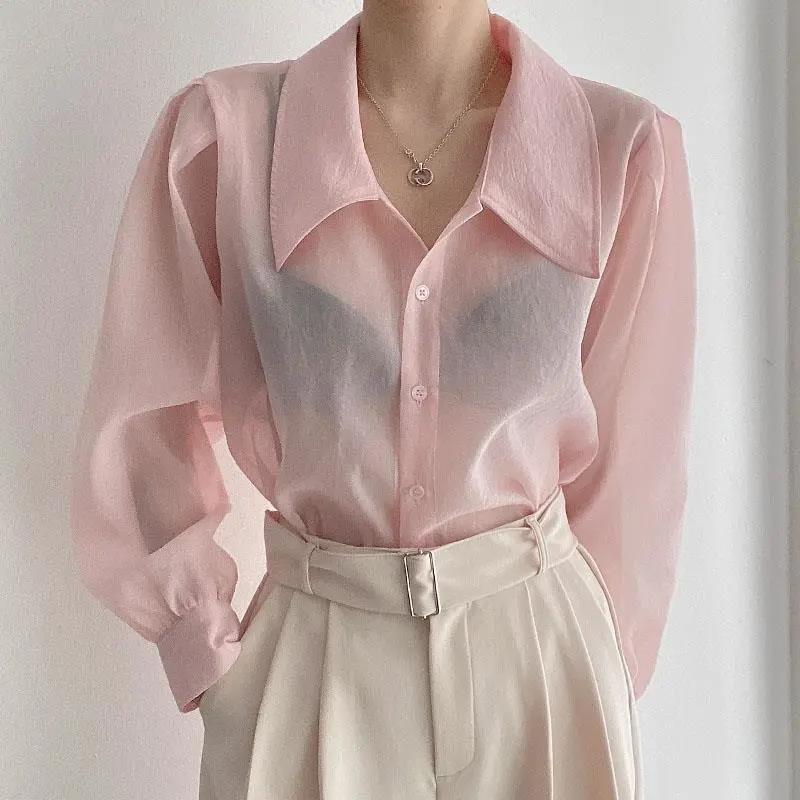 See Through Button Down Shirts Women New Loose Long Sleeve Blouse Female 2022 Summer Suncreen Tops - MERGE.DAY.1.FREESTYLE