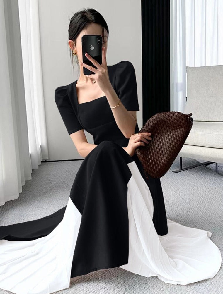 Vintage Square Collar Mid-Length Dress Elegant Short Sleeve Slim Waist Mesh - MERGE.DAY.1.FREESTYLE