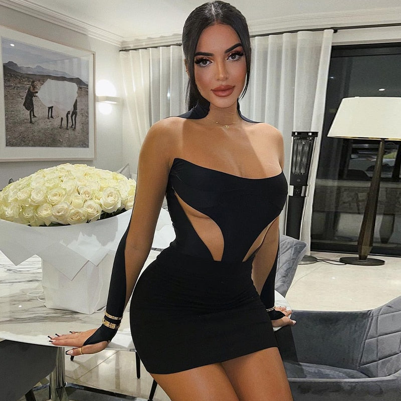 Long Sleeve Patchwork Mesh See Through Sexy Bodycon Mini Dress Evening Clothes - MERGE.DAY.1.FREESTYLE