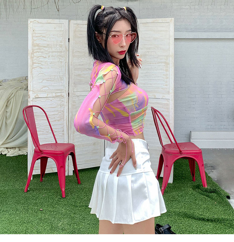 Hollow Bandage T-Shirt Women Sweet Suits Color Pattern Mesh Camisole + Long Sleeve Smock Female - MERGE.DAY.1.FREESTYLE