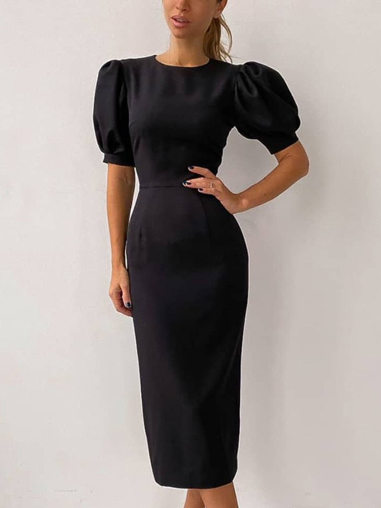 Summer Puff Short Sleeve Dress O-neck Office Lady Solid Color A-line Dress - MERGE.DAY.1.FREESTYLE