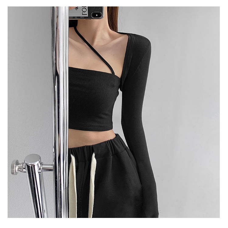 Cropped Tops Women Square Collar Slanted Shoulder Straps Halter Neck Long Sleeve T-shirt - MERGE.DAY.1.FREESTYLE