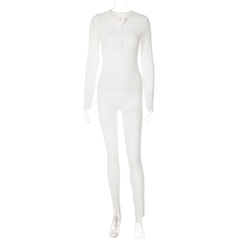 V-Neck Long Sleeves Buttons Bodycon Skinny Jumpsuit Rompers - MERGE.DAY.1.FREESTYLE