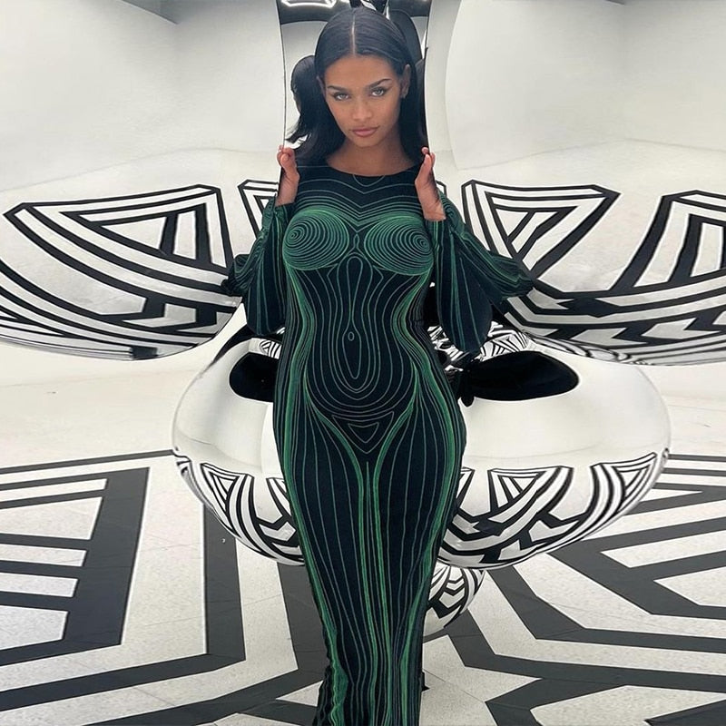 Striped Print Long Sleeve See Through Sexy Bodycon Maxi Dress - MERGE.DAY.1.FREESTYLE